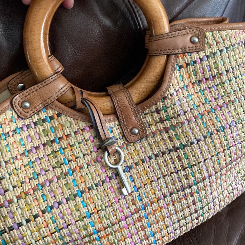 Fossil Handbag with Wooden Top Handle Straw/Plaid pattern